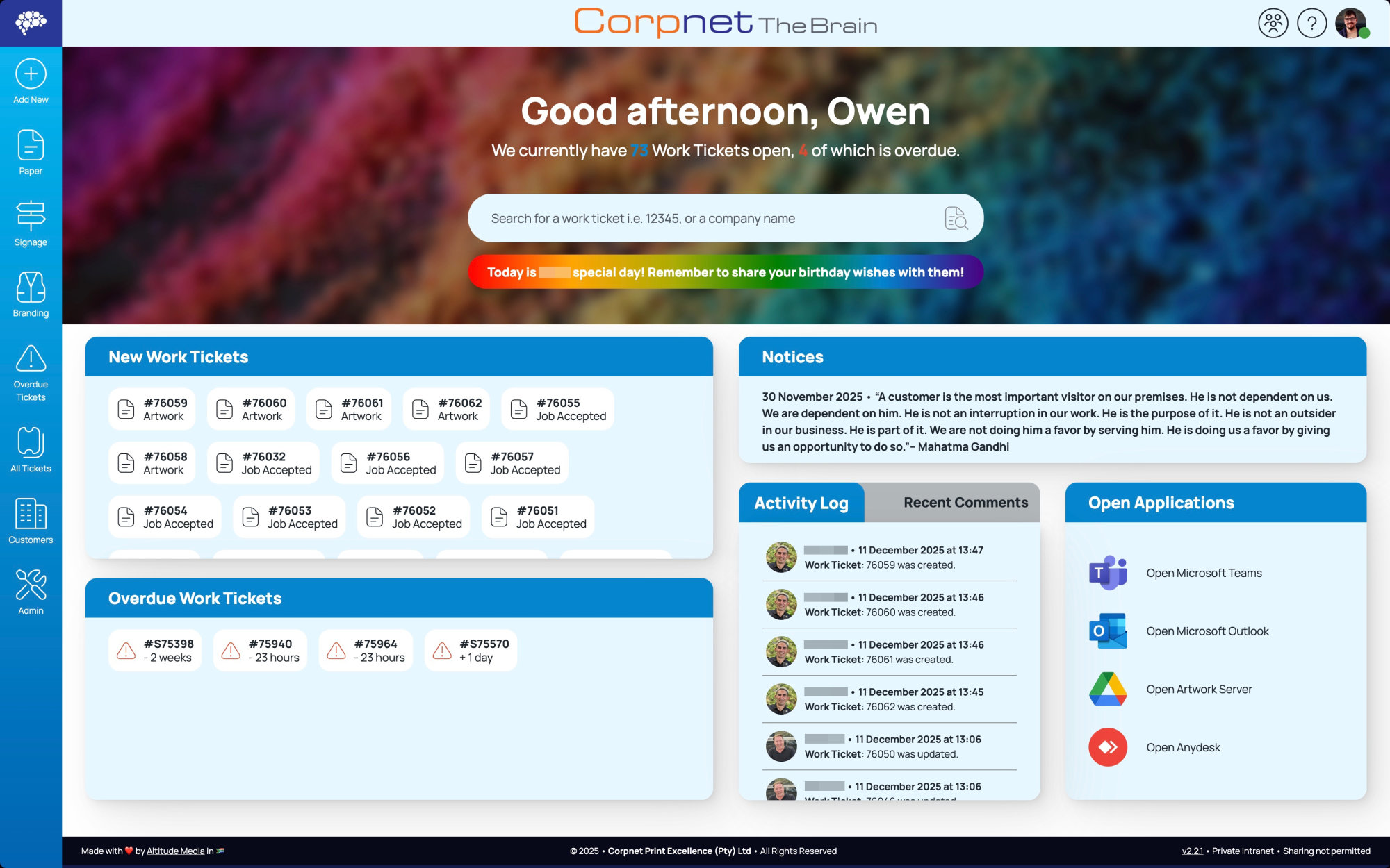 Corpnet Print Excellence Intranet WebApp • Altitude Media